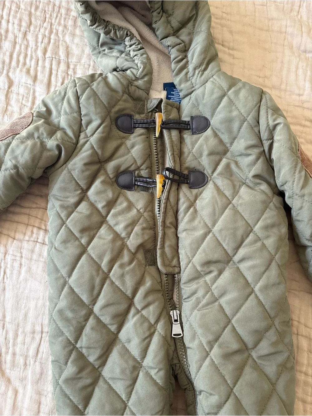 Quilted Hooded Baby One-Piece Snowsuit in Sage Green